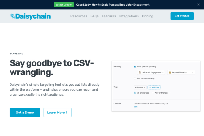 Daisychain, eine Plattform zur Förderung der Wählerbeteiligung, präsentiert auf ihrer Website Targeting-Tools zur Organisation und Ansprache von Zielgruppen.