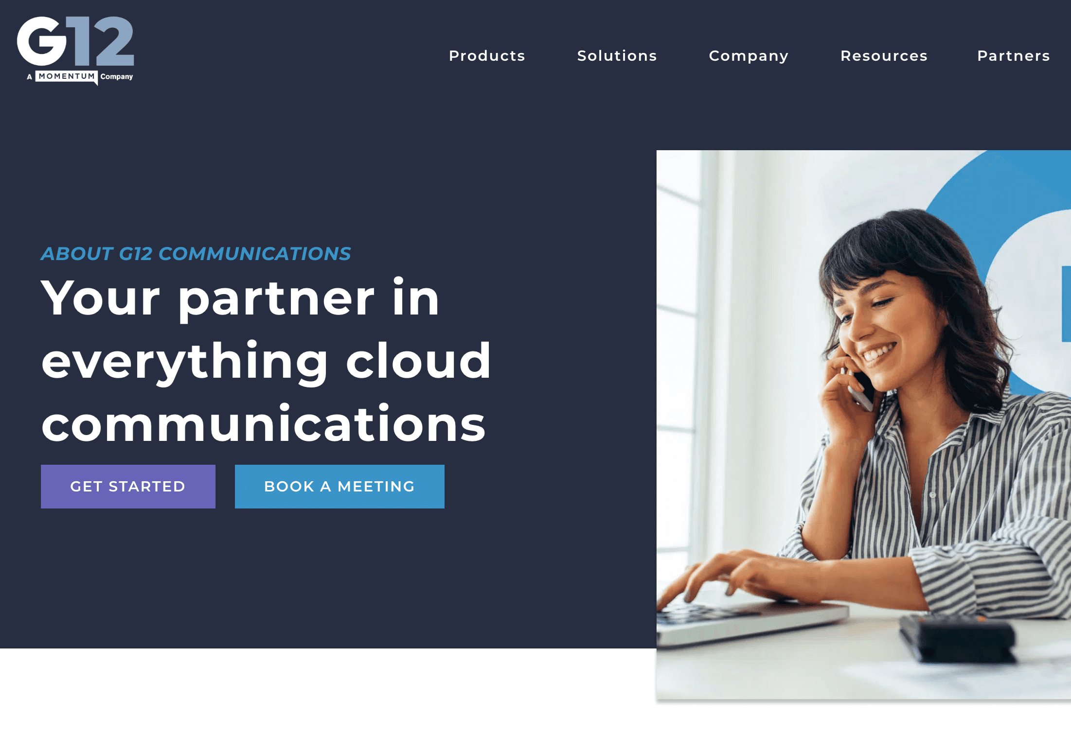 Woman using cloud communications technology on laptop, G12 Communications website.
